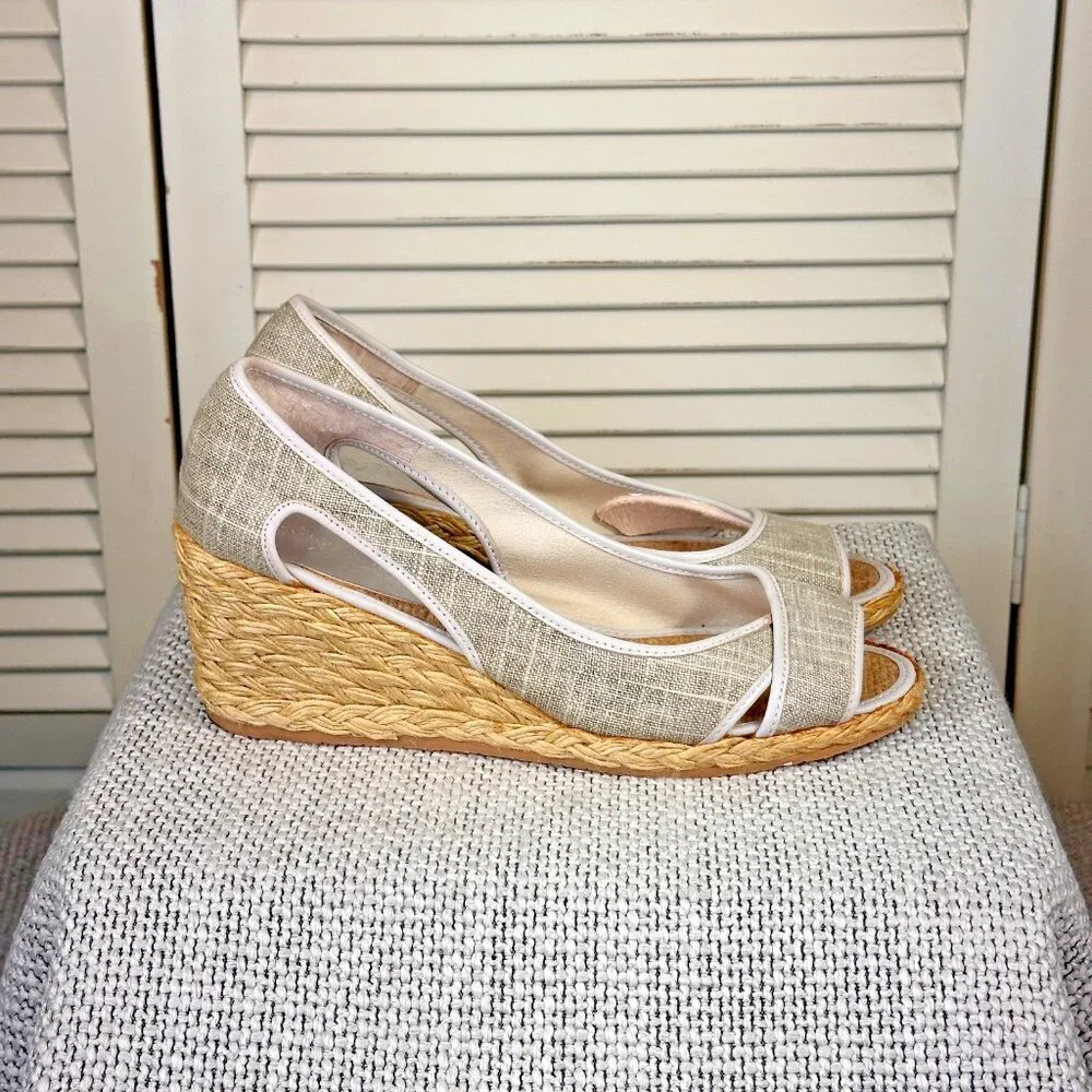 Donald J Pliner Coraa Taupe Linen‎ Peep Toe Rafia Wedge Espadrille Sandal Sz 7.5